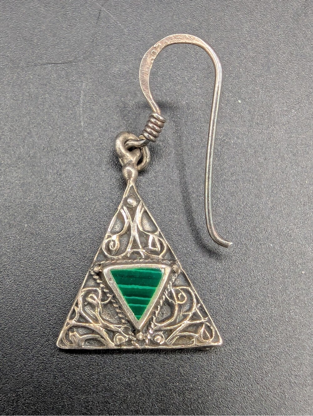 Vintage Malachite Filigree Triangle 925 Sterling Silver  Drop Earrings 2.8g